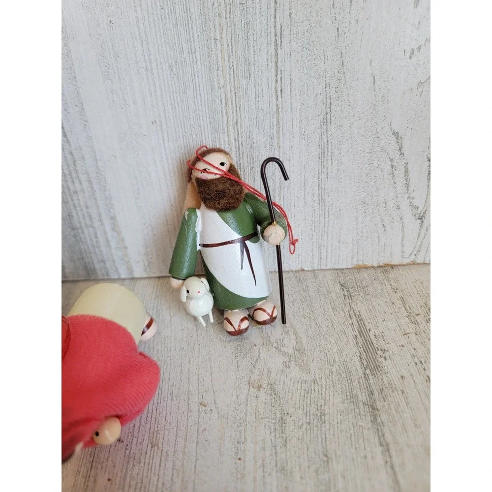 Vintage Mary Joseph nativity seeing Shepherd wooden ornament Xmas set religious